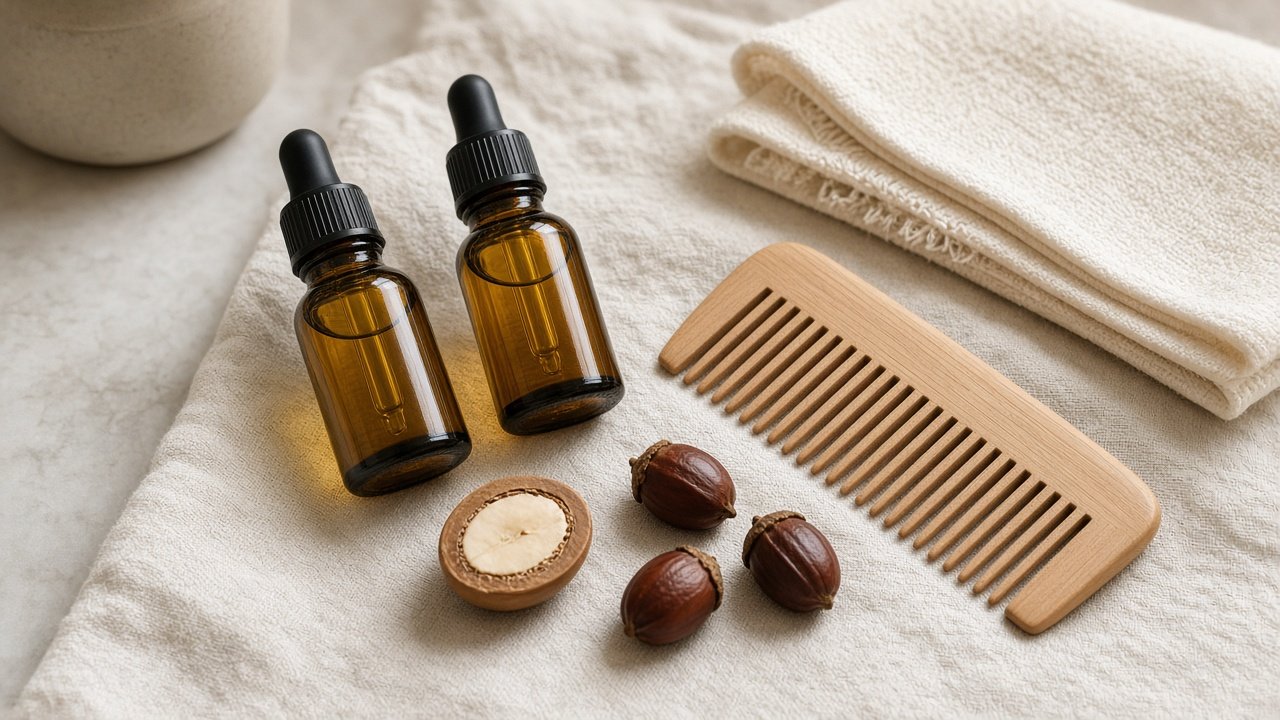 Organic beard oil for sensitive skin: amber dropper bottles of jojoba and argan oil next to a wooden comb on a linen towel