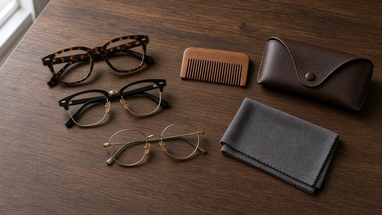 Glasses and beards: tortoiseshell, black browline and thin round eyeglass frames laid out next to a beard comb on a walnut desk
