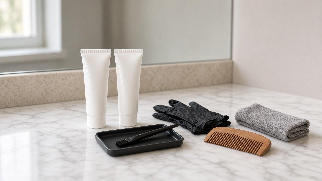 Beard dye kit with mixing tray, application brush, gloves and a beard comb on a bathroom counter