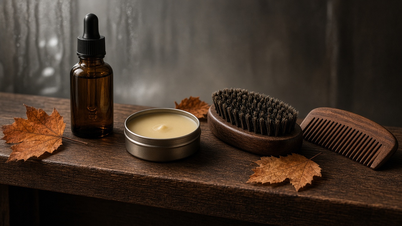 Beard oil bottle, wooden comb, boar bristle brush and a tin of beard balm on a dark oak shelf with autumn leaves