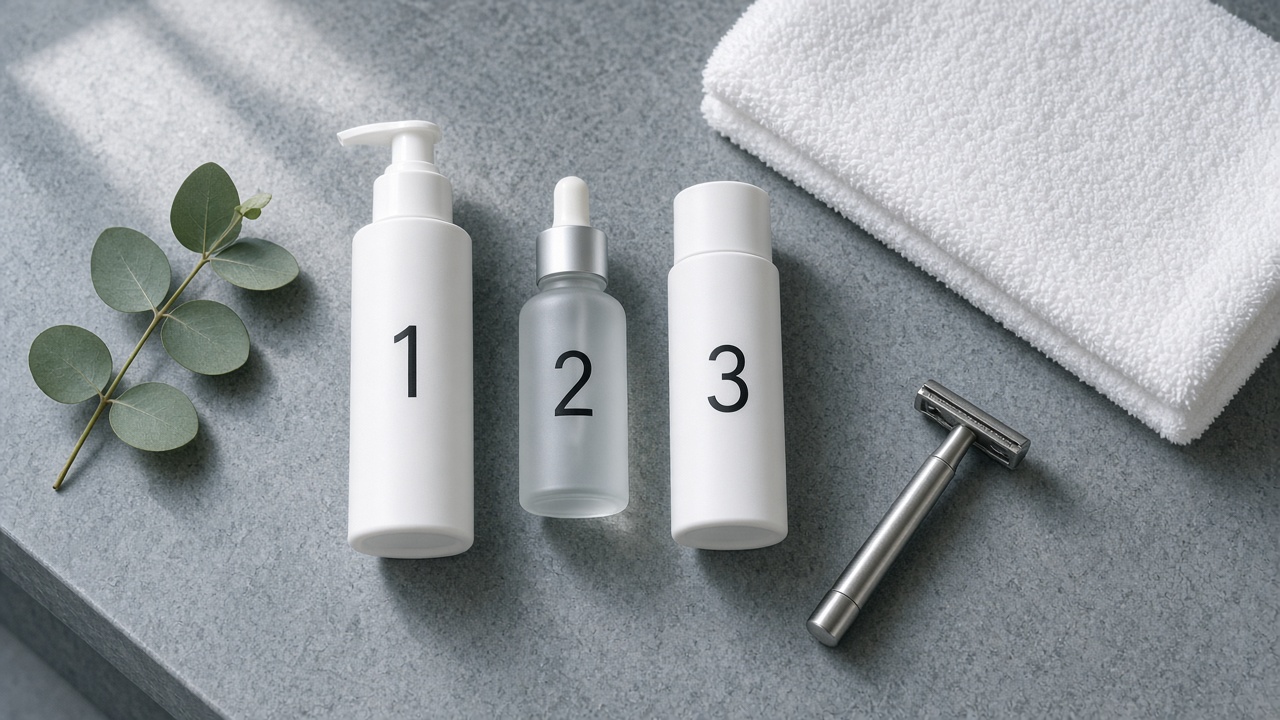 Three minimalist skin care bottles - cleanser, moisturizer and sunscreen - lined up on a stone bathroom counter in morning light