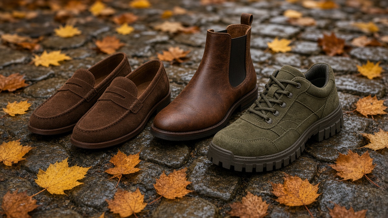 Brown suede penny loafers, a leather Chelsea boot and a lug-soled hiker on a wet cobblestone street covered in autumn leaves