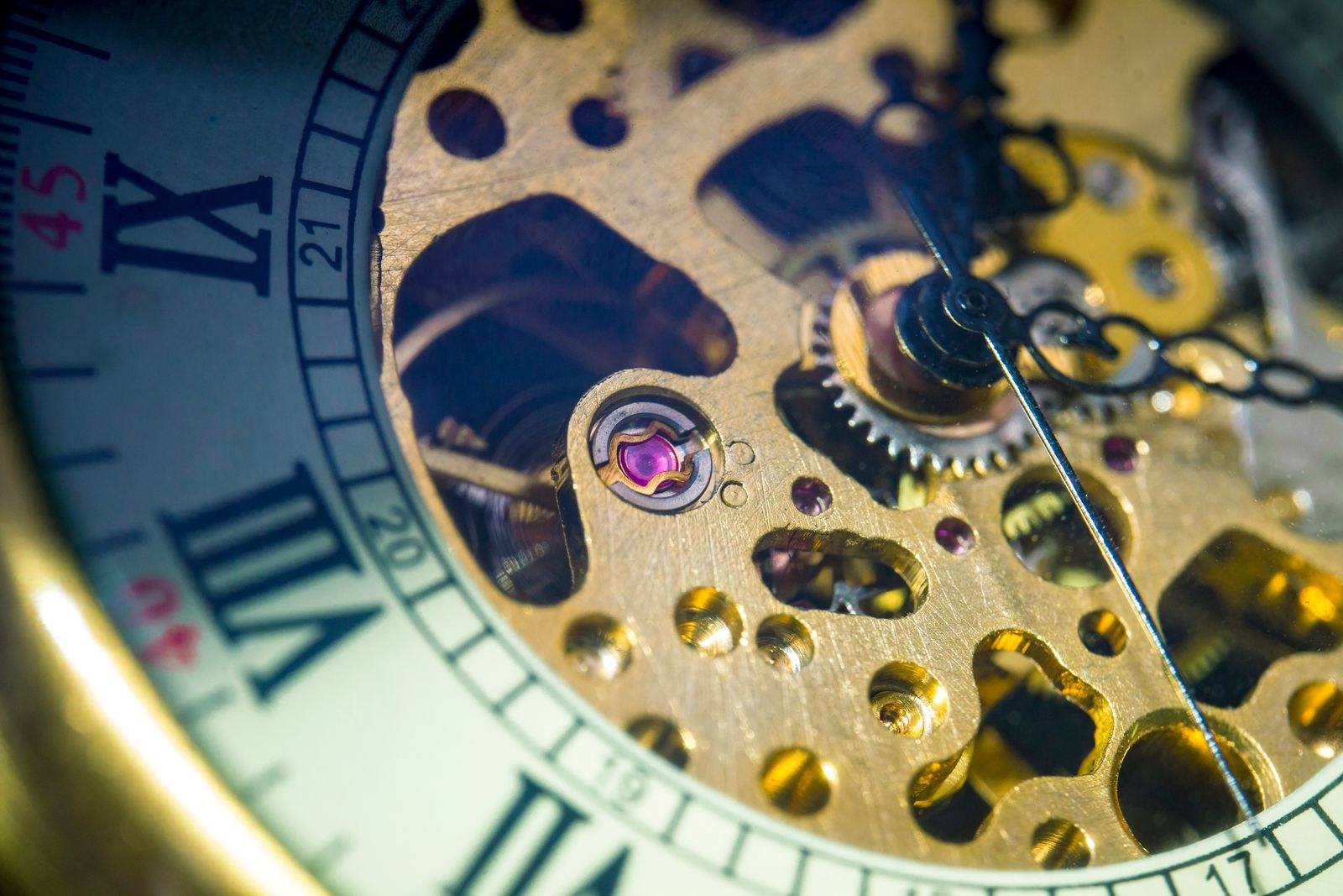 Close-up of a gold skeleton watch movement with Roman numerals, illustrating the open-dial and craftsmanship trend in men's watches for fall 2026