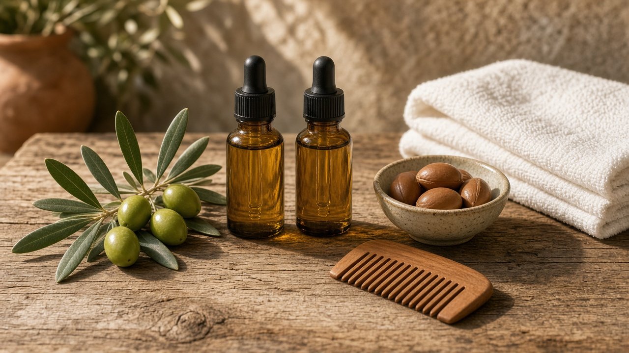 Hassas cilt için sakal yağı: zeytin dalı, argan çekirdekleri ve amber renkli damlalıklı şişeler ahşap tezgâhta