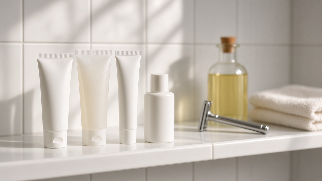 Banyo rafında yan yana dizilmiş tıraş jeli, tıraş sonrası balsam, yüz temizleyici ve güneş kremi; yanında kenara itilmiş klasik bir kolonya şişesi