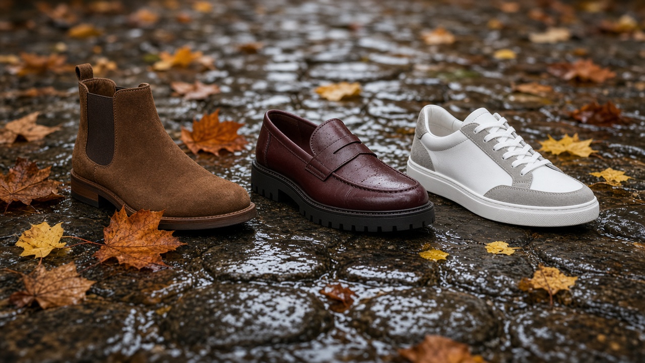 Islak taş kaldırımda yan yana duran kahverengi süet chelsea bot, bordo deri loafer ve süet garnili deri sneaker; üzerlerinde sonbahar yaprakları
